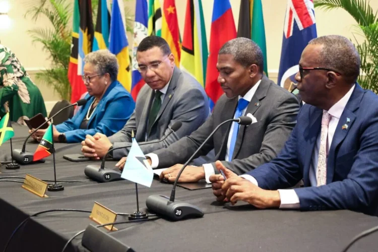 (L-R) CARICOM Secretary-General Dr Carla Barnett, Dr The Most Honourable Andrew Holness, ON, PC, MP Outgoing Chair, CARICOM, Prime Minister, Jamaica; The Honourable Dr Terrance M. Drew, Chair, CARICOM, Prime Minister, St. Kitts and Nevis and Honourable Philip J. Pierre, Prime Minister, Saint Lucia