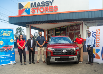 Christmas Jackpot Promotion appearance from left to right
Simone Savory – Senior Manager – Massy Stores, Christpen Bobb-Semple - Massy Stores, Assistant Vice President & General Manager – Massy Stores, Shane Singh – Christmas Jackpot Promotion Winner, Chrystel Taylor – Marketing & Promotions Coordinator – Massy Stores, Shamroy Hope, Store Manager – Massy Stores Ruimveldt
