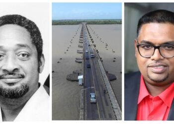 L-R Late President Forbes Burnham, Demerara Harbour Bridge, President Irfaan Ali