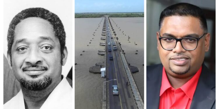 L-R Late President Forbes Burnham, Demerara Harbour Bridge, President Irfaan Ali