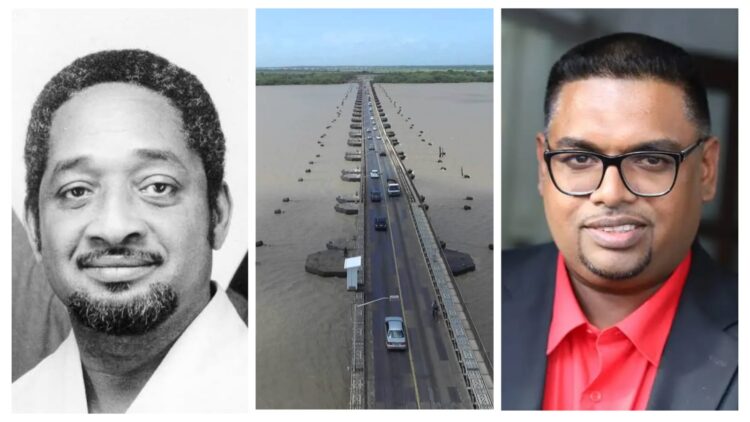 L-R Late President Forbes Burnham, Demerara Harbour Bridge, President Irfaan Ali