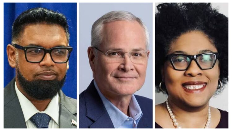 L-R- President Irfaan Ali, Exxon Ex Director Darren Wood, STEMGuyana Founder & Ex Director Karen Abrams