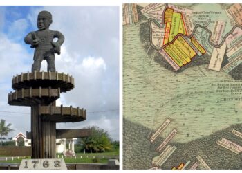 1763 Cuffy Monument and map of Berbice showing where the 1763 rebellion took place