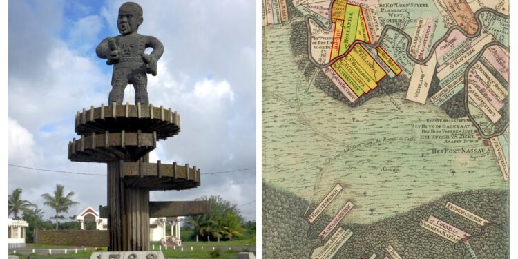 1763 Cuffy Monument and map of Berbice showing where the 1763 rebellion took place