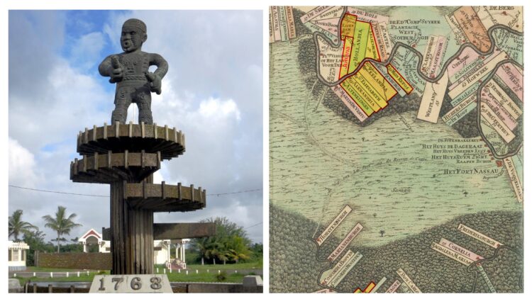 1763 Cuffy Monument and map of Berbice showing where the 1763 rebellion took place