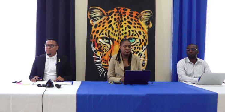 WIN’s MPs (from left) Duarte Hetsberger, Tabitha Sarabo-Halley and Dr. Andre Lewis at the press conference on Friday.