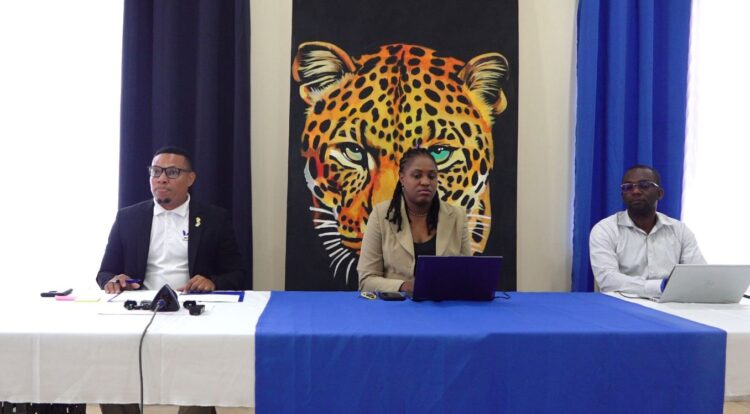 WIN’s MPs (from left) Duarte Hetsberger, Tabitha Sarabo-Halley and Dr. Andre Lewis at the press conference on Friday.