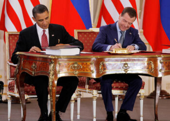 [2/2] Barack Obama (L) and Dmitry Medvedev, who were then the U.S. and Russian presidents, sign the new Strategic Arms Reduction Treaty (START II) at Prague Castle in Prague April 8, 2010. REUTERS/Jason Reed/File Photo Purchase Licensing Rights