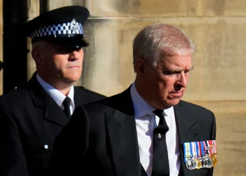 Prince Andrew leaves St. Giles Cathedral after the arrival of the coffin containing the remains of his mother Queen Elizabeth, in Edinburgh, Scotland, Sept. 12, 2022. (AP Photo/Petr David Josek, File)
