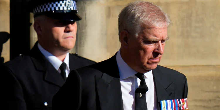 Prince Andrew leaves St. Giles Cathedral after the arrival of the coffin containing the remains of his mother Queen Elizabeth, in Edinburgh, Scotland, Sept. 12, 2022. (AP Photo/Petr David Josek, File)