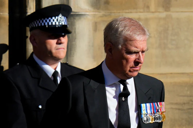 Prince Andrew leaves St. Giles Cathedral after the arrival of the coffin containing the remains of his mother Queen Elizabeth, in Edinburgh, Scotland, Sept. 12, 2022. (AP Photo/Petr David Josek, File)