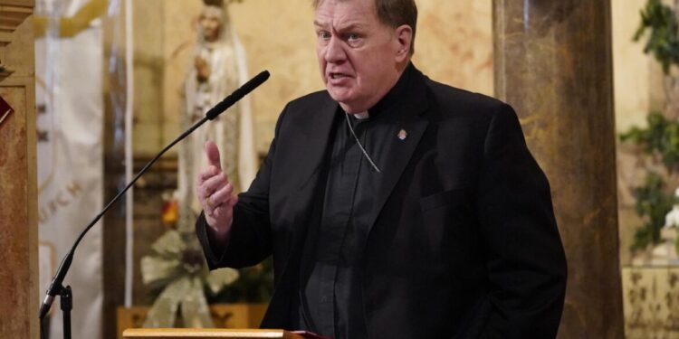 Cardinal Joseph W. Tobin of Newark, N.J., speaks at St. Lucy's Church in Newark Jan. 13, 2025, during an interfaith gathering of religious leaders committed to supporting immigrants facing the threat of mass deportation by the Trump administration. (OSV News photo/Gregory A. Shemitz)