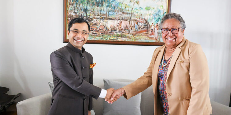 CARICOM Secretary-General, Dr Carla Barnett (L), welcomes India's Ambassador to CARICOM, H.E. Dr. Amit Telang, for a farewell Courtesy Call on 3 February 2026