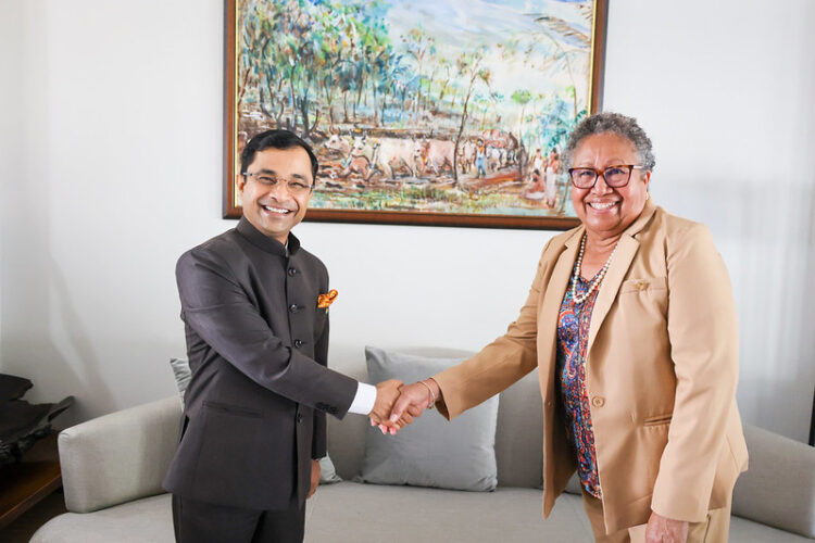 CARICOM Secretary-General, Dr Carla Barnett (L), welcomes India's Ambassador to CARICOM, H.E. Dr. Amit Telang, for a farewell Courtesy Call on 3 February 2026