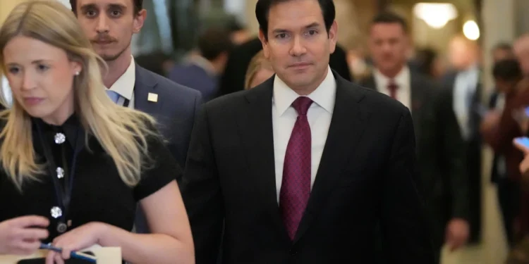 Secretary of State Marco Rubio arrives before President Donald Trump delivers the State of the Union address to a joint session of Congress in the House chamber at the U.S. Capitol in Washington, Tuesday, Feb. 24, 2026. (AP Photo/Mark Schiefelbein)