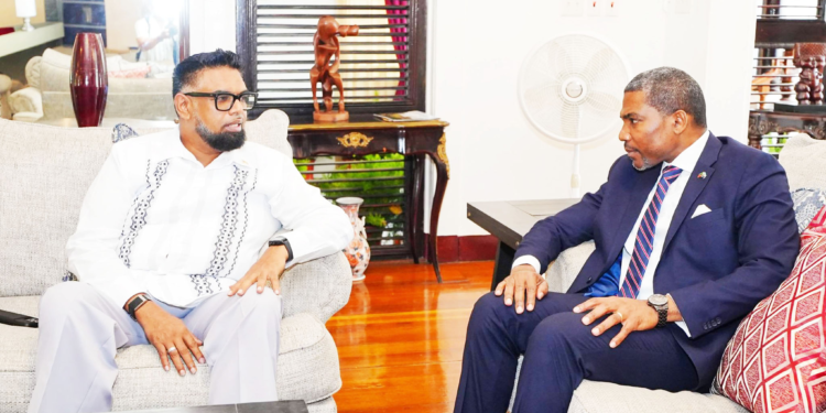 (L-R) President Irfaan Ali with St Kitts-Nevis PM Dr Terrance Drew (Office of the President photo)