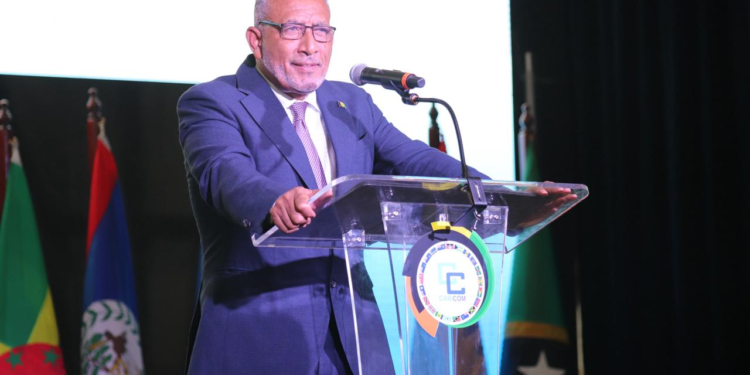 Dr. the Hon. Godwin Friday, Prime Minister of St. Vincent and the Grenadines, addresses the opening of the 50th Regular Meeting of the Conference of Heads of Government of CARICOM in St. Kitts and Nevis