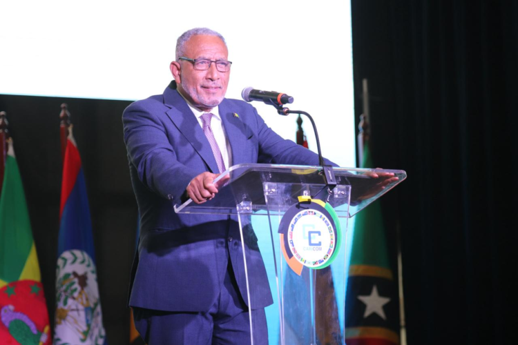 Dr. the Hon. Godwin Friday, Prime Minister of St. Vincent and the Grenadines, addresses the opening of the 50th Regular Meeting of the Conference of Heads of Government of CARICOM in St. Kitts and Nevis