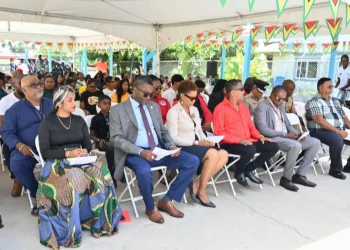 Minister within the Ministry of Housing, Vanessa Benn, seated third from left. Flanked right and left, respectively, are Regional Chairman, Clemsford Belgrave and Vice Chairman, Deoraj Nauth (DPI photo)