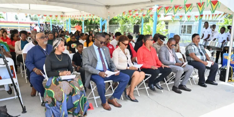 Minister within the Ministry of Housing, Vanessa Benn, seated third from left. Flanked right and left, respectively, are Regional Chairman, Clemsford Belgrave and Vice Chairman, Deoraj Nauth (DPI photo)