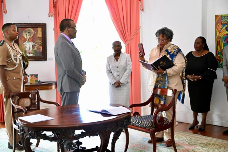 Barbados Prime Minister, Mia Mottley taking her oath of office for a third time.