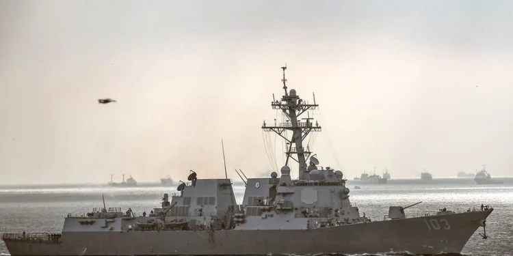 FILE - U.S. warship the USS Truxtun sails in Bosporus Strait en route to the Black Sea, in Istanbul, Turkey, March 7, 2014. (AP Photo/Emrah Gurel, file)