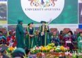 Newly installed Chancellor of the University of Guyana, Sir Ronald Sanders, receives the Mace from Vice-Chancellor Professor Paloma Mohamed-Martin and Chief Marshall, after being administered the Oath of Office during the formal installation ceremony at the George Walcott Lecture Theatre, University of Guyana