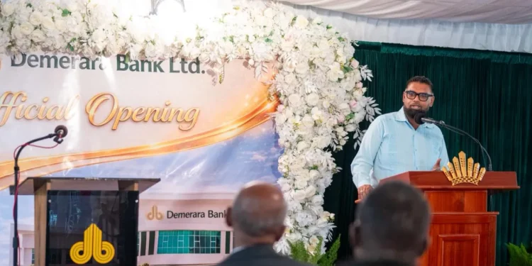 President Mohamed Irfaan Ali delivering the feature address at the Demerara Bank Ltd new branch