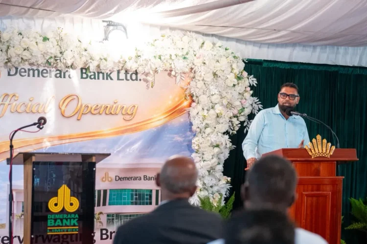 President Mohamed Irfaan Ali delivering the feature address at the Demerara Bank Ltd new branch