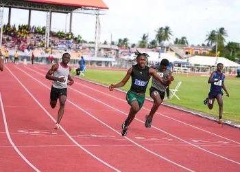 Athletes competing at the National Secondary Schools Track and Field Championships at the Leonora Track and Field Centre.