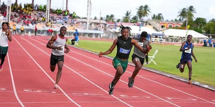 Athletes competing at the National Secondary Schools Track and Field Championships at the Leonora Track and Field Centre.
