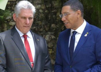 Cuban President Miguel Díaz-Canel Bermúdez in conversation with Jamaica's Prime Minister Dr. Andrew Holness