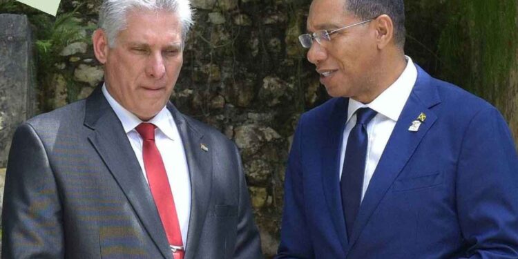 Cuban President Miguel Díaz-Canel Bermúdez in conversation with Jamaica's Prime Minister Dr. Andrew Holness