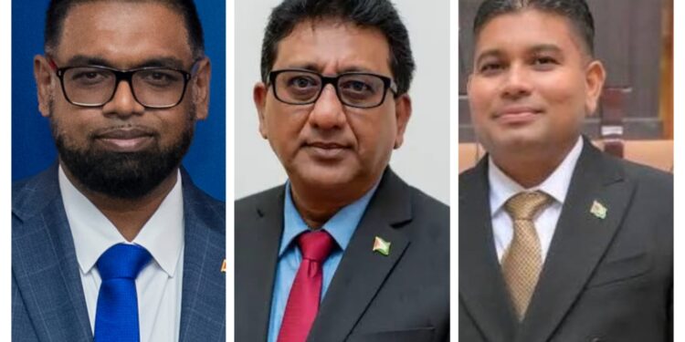 L-R President Irfaan Ali, AG Anil Nandlall; LOO Azruddin Mohamed