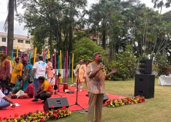 President Dr Mohamed Irfaan Ali delivers remarks at the event hosted on the lawns of State House