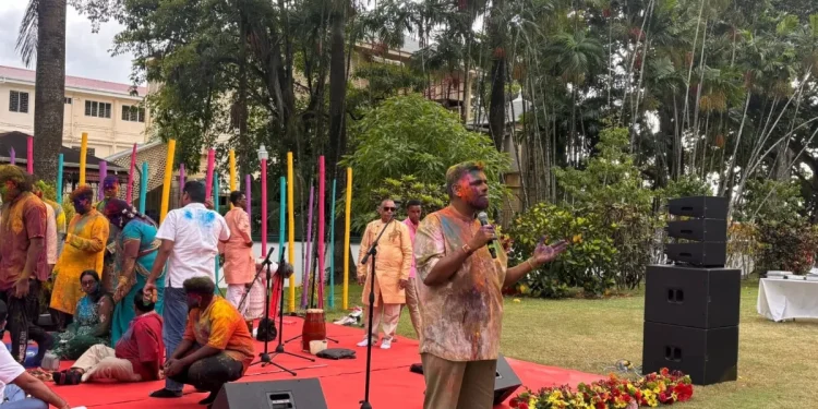 President Dr Mohamed Irfaan Ali delivers remarks at the event hosted on the lawns of State House