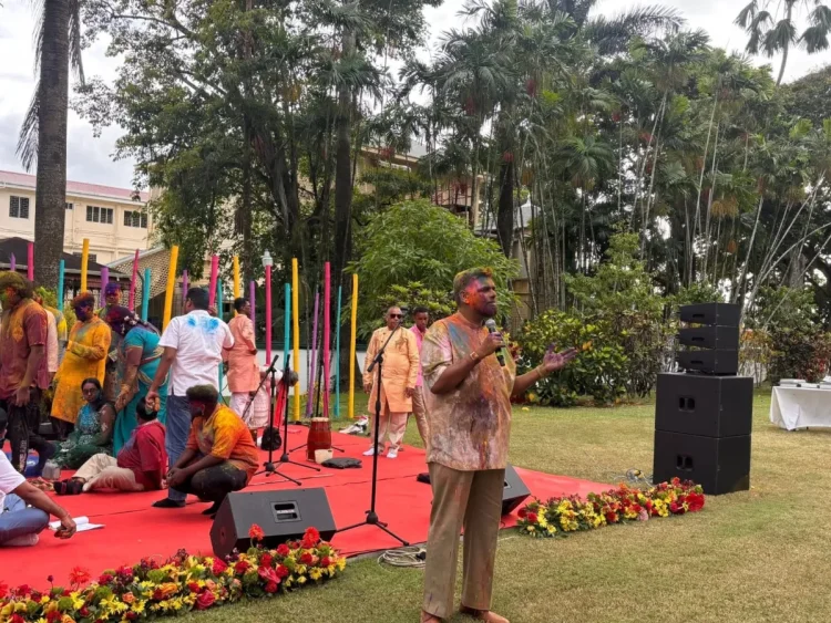 President Dr Mohamed Irfaan Ali delivers remarks at the event hosted on the lawns of State House