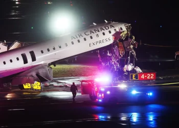 An Air Canada Express plane sits on the tarmac after it collided with a fire truck on the tarmac at LaGuardia Airport on March 23, 2026 in New York City.
Spencer Platt/Getty Images