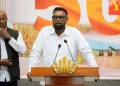 President Dr Mohamed Irfaan Ali delivers the feature address at GAWU’s 50th Anniversary held at ACCC (DPI photo)