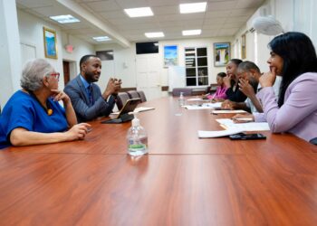 (L-R) Ms Alison Drayton, CARICOM Assistant Secretary-General (Human and Social Development), and Mr Davion Leslie, Programme Manager (Human Resource Development), in discussions with the Honourable Sonia Parag, Minister of Education, Guyana and her team.