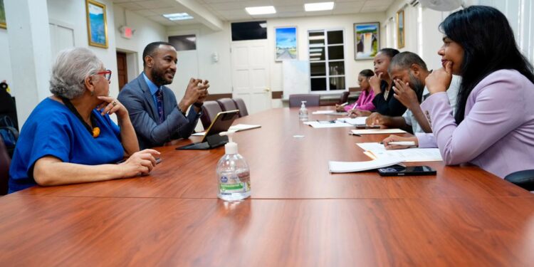 (L-R) Ms Alison Drayton, CARICOM Assistant Secretary-General (Human and Social Development), and Mr Davion Leslie, Programme Manager (Human Resource Development), in discussions with the Honourable Sonia Parag, Minister of Education, Guyana and her team.