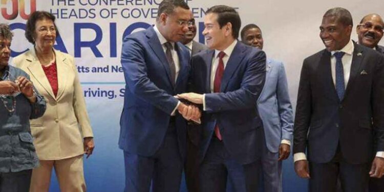 Prime Minister Dr. Andrew Holness greets US Secretary of State Marco Rubio at the recent CARICOM Summit in St. Kitts and Nevis