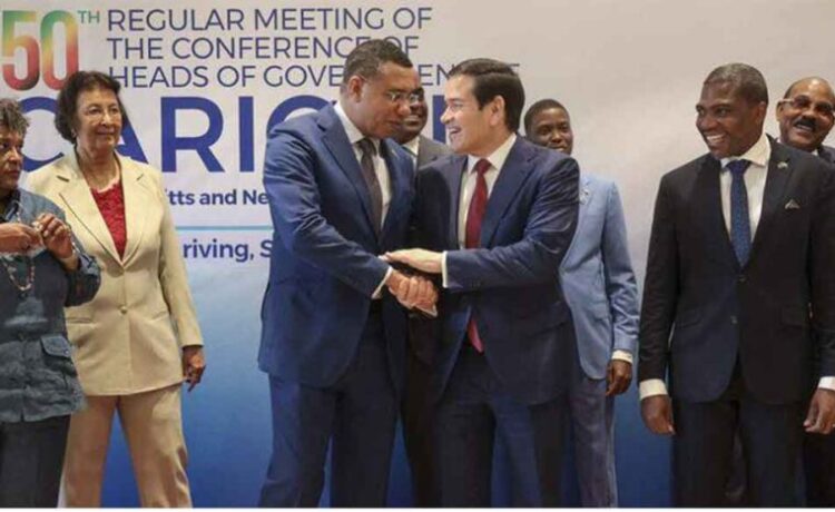 Prime Minister Dr. Andrew Holness greets US Secretary of State Marco Rubio at the recent CARICOM Summit in St. Kitts and Nevis