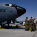 FILE PHOTO: U.S. Air Force Airmen from the 28th Expeditionary Air Refueling Squadron conduct a pre-flight brief outside of a KC-135 Stratotanker, before an aerial refueling mission in Al Udeid Air Base, Qatar, in this undated handout picture released by U.S. Air Force on August 1, 2019. Chris Drzazgowski/U.S. Air Force/Handout via REUTERS ATTENTION EDITORS- THIS IMAGE HAS BEEN SUPPLIED BY A THIRD PARTY./File Photo