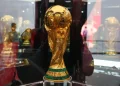 The official World Cup trophy is displayed during its presentation within the FIFA World Cup 2026 Trophy Tour at BBVA Stadium in Guadalupe, Nuevo Leon, Mexico, on Saturday. AFP