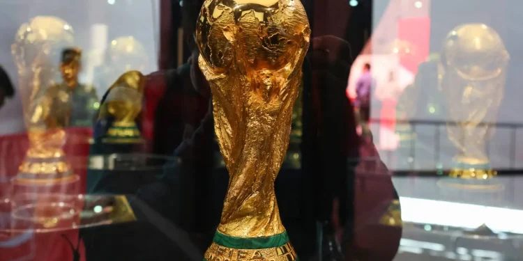 The official World Cup trophy is displayed during its presentation within the FIFA World Cup 2026 Trophy Tour at BBVA Stadium in Guadalupe, Nuevo Leon, Mexico, on Saturday. AFP