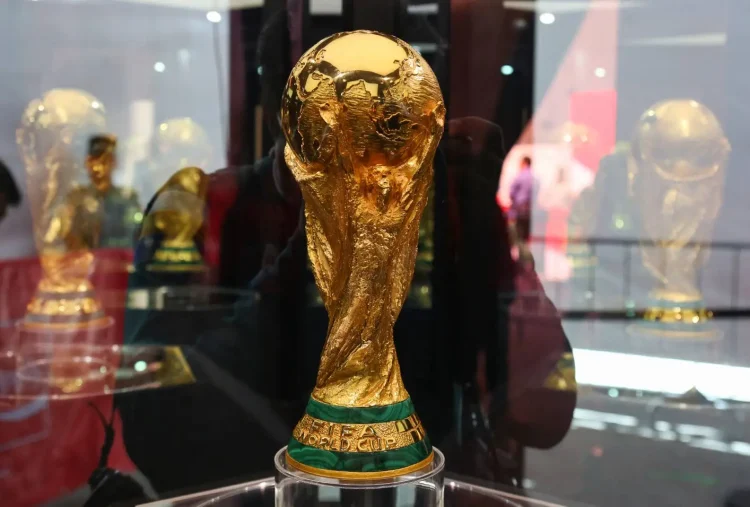 The official World Cup trophy is displayed during its presentation within the FIFA World Cup 2026 Trophy Tour at BBVA Stadium in Guadalupe, Nuevo Leon, Mexico, on Saturday. AFP
