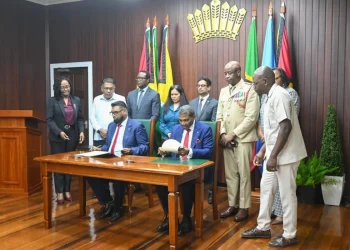 His Excellency Dr Mohamed Irfaan Ali and Prime Minister Terrance Drew, who formally signed the Memoranda of Understanding on agriculture and food security and on government modernisation