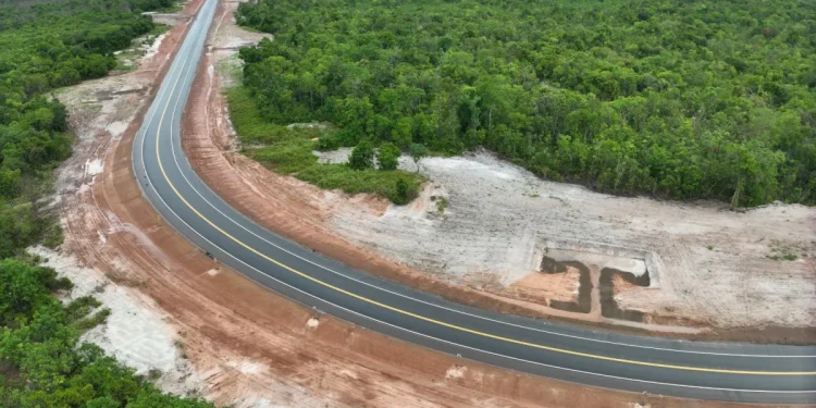 Aerial View of a section of the paved Linden to Mabura Hill road