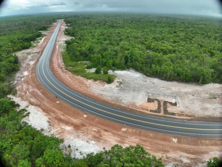 Aerial View of a section of the paved Linden to Mabura Hill road